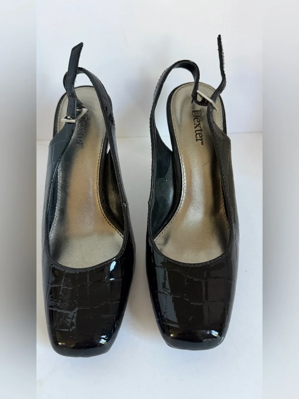 Dexter Black Patent Croc-Embossed Slingback Heels